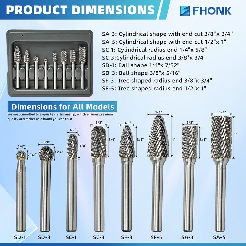 FHONK Carbide Burr Set 8 pcs, 1/4 inch Shank, Tungsten Carbide Rotary Files Bits, Professional Metal Working Tools, for Die Grinder Metal Wood Carving Engraving Drilling Grinding Milling Cutting (8) - Image 2